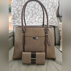 GUESS Brown Logo Print Tote with Matching Wallet